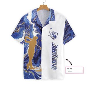 Personalized Name Blue Marble And Gold Silhouette Golfer Hawaiian Aloha Hawaiian Shirtss  - Thelegend59