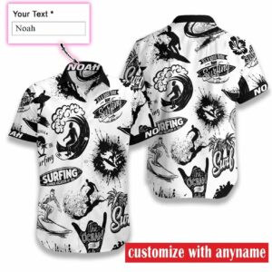 Personalized Surfing Art Black And White Hawaiian Aloha Hawaiian Shirtss Custom Name  - Thelegend59