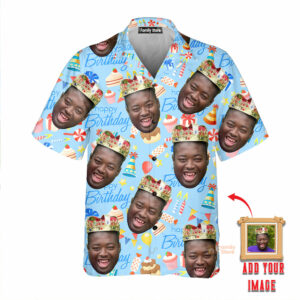 (Photo Inserted) Custom Funny Face Happy Birthday Gifts On Blue Hawaiian Shirt - For Men And Women - Kids  - Thelegend59