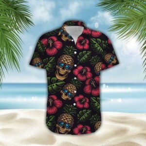 Pineapple Skull Hibiscus Hawaiian Shirt For Men Women  - Thelegend59
