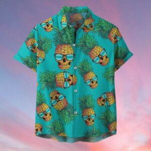 Pineapple Skull Wearing Sunglasses Green Tropical Unisex Hawaiian Shirts  - Thelegend59