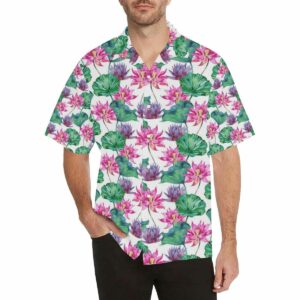 Pink Lotus Waterlily Pattern Mens All Over Print Hawaiian Shirt  - Thelegend59