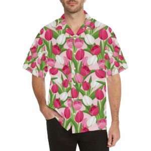 Pink White Tulip Pattern Mens All Over Print Hawaiian Shirt  - Thelegend59