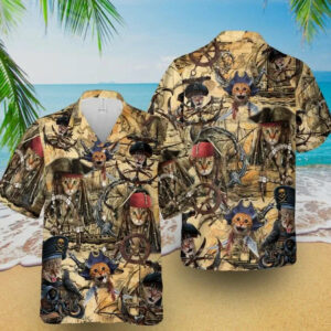 Pirate Cat Hawaiian Graphic Print Short Sleeve Hawaiian Shirt  - Thelegend59
