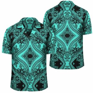 Plumeria Mix Turquoise Black Hawaiian Shirt  - Thelegend59