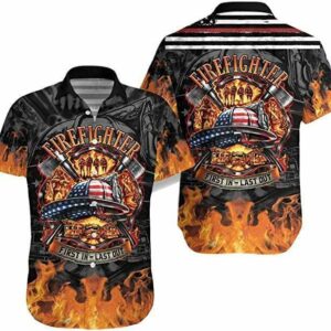 Proud American Firefighter First In Last Out Unisex Hawaiian Aloha Hawaiian Shirtss  - Thelegend59