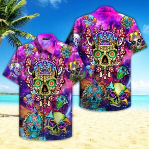 Psychedelic Skull Mushroom Hippie Hawaiian Graphic Print Short Sleeve Hawaiian Shirt  - Thelegend59