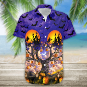 Purple Night Halloween Sky With Full Of Bats Unisex Hawaiian Shirts  - Thelegend59