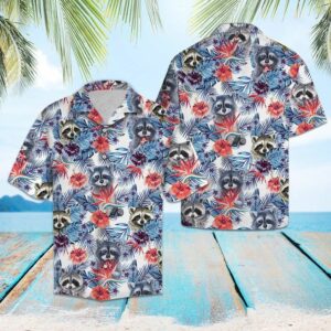 Raccoon Hibiscus Flower Blue Red Unique Design Hawaiian Shirt For Men Women  - Thelegend59