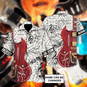 Red Guitar Music Notes Pattern Unisex Hawaiian Shirts  - Thelegend59