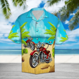 Red Motorcycle On The Beach Blue Unisex Hawaiian Shirts  - Thelegend59