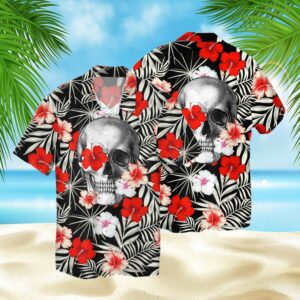 Red Tropical Flower Skull 3D Hawaiian Shirt  - Thelegend59