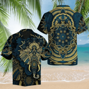 Royal Elephant Mandala Golden Turquoise Unisex Hawaiian Shirts  - Thelegend59