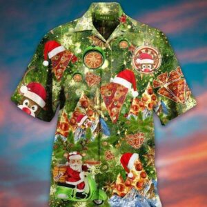 Santa Pizza Merry Christmas Green Hawaiian Shirts  - Thelegend59