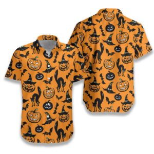 Scary Halloween Black Cat Pumpkin Bat Orange Hawaiian Shirt For Men Women  - Thelegend59