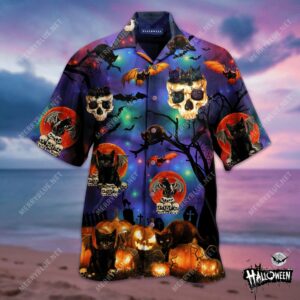 Scary Halloween Black Cat Unisex Hawaiian Shirt  - Thelegend59