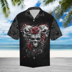 Scary Trio Skull Red Roses Hawaiian Aloha Hawaiian Shirts For Men Women  - Thelegend59