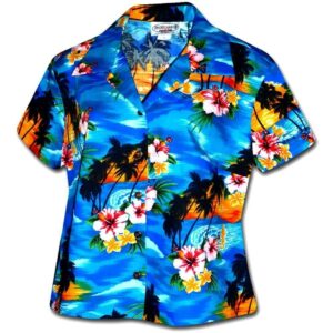Searing Sunset Blue Fitted Womens Hawaiian Shirt  - Thelegend59