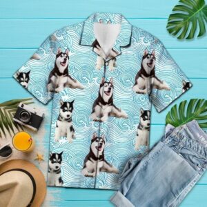 Siberian Husky Waves Blue Awesome Design Hawaiian Shirt For Men Women  - Thelegend59
