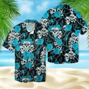 Skull And Blue Roses 3D Hawaiian Shirt  - Thelegend59