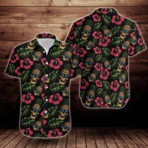 Skull Pattern Print Design Flower Short Sleeve Hawaiian Shirt  - Thelegend59