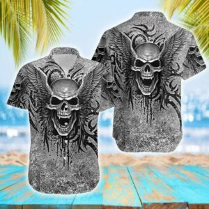 Skull Wing Tattoo Gothic Grey Unisex Hawaiian Shirts  - Thelegend59