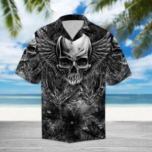 Skull Wings Grey Black Aloha Hawaiian Shirts  - Thelegend59