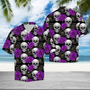 Skull With Purple Flower Hawaiian Aloha Hawaiian Shirtss  - Thelegend59