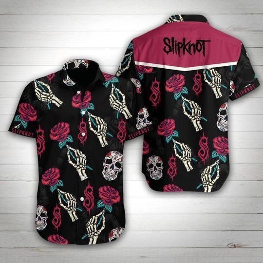 Slipknot Band Rose Skull Hawaiian Graphic Print Short Sleeve  - Thelegend59