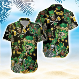St Patrick'S Day Skull Hawaiian Graphic Print Short Sleeve  - Thelegend59