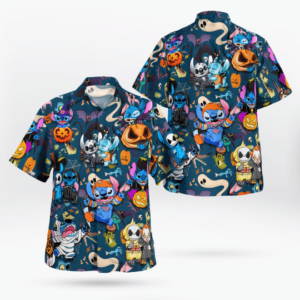 Stitch Halloween Fan Gift - Stitch 3 Halloween Hawaiian Graphic Print Short Sleeve  - Thelegend59
