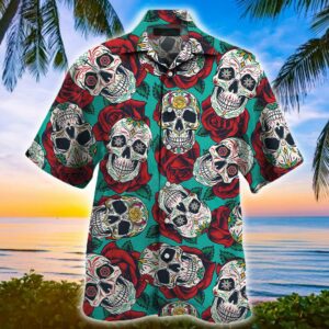 Sugar Skull With Rose Pattern Hawaiian Shirt  - Thelegend59