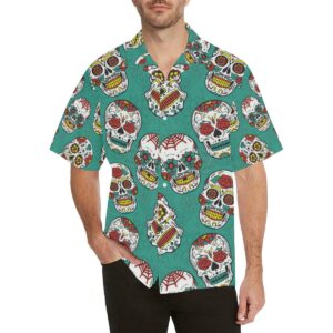 Suger Skull Pattern Green Background Men'S All Over Print Hawaiian Shirt  - Thelegend59