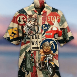 Super Cool Driving Cat Vintage Hawaiian Shirt  - Thelegend59