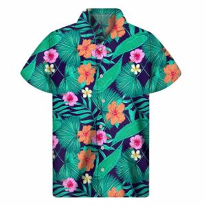 Teal Hawaiian Leaf Flower Pattern Print Men'S Short Sleeve Hawaiian Shirts  - Thelegend59