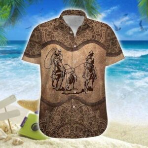 Team Roping Brown Mandala Pattern Unisex Hawaiian Shirts Beach Shorts  - Thelegend59