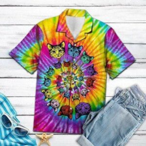 Tie-Dye Psychedelic Hippie Cat Hawaiian Aloha Hawaiian Shirtss  - Thelegend59