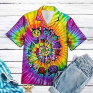 Tie-Dye Psychedelic Hippie Cat Hawaiian Shirt  - Thelegend59