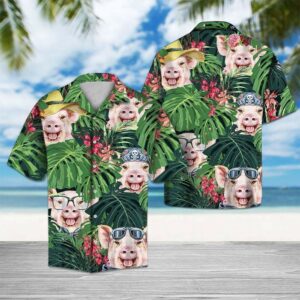Tropical Flower And Cute Pig Hawaiian Shirts  - Thelegend59