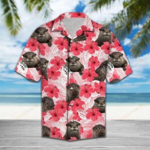 Tropical Flowers Hibiscus Otter Red Unique Design Hawaiian Shirt  - Thelegend59