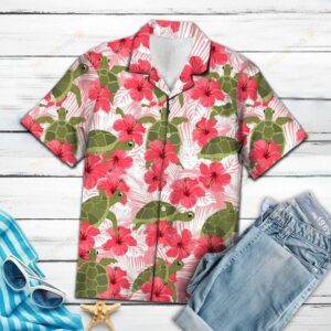 Tropical Flowers Hibiscus Turtle Red Best Design Hawaiian Shirt  - Thelegend59