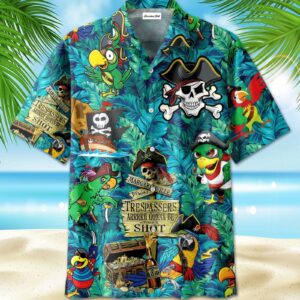 Tropical Funny Skull Pirates Parrots Aloha Hawaiian Shirts Beach  - Thelegend59