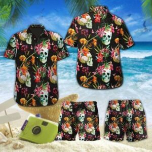 Tropical Skull Colorful Hawaiian Shirts Swim Trunks Beach Shorts  - Thelegend59