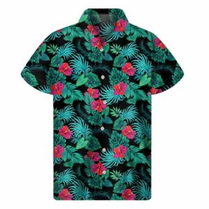 Turquoise Hawaiian Palm Leaves Print Men'S Short Sleeve Hawaiian Shirts  - Thelegend59