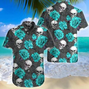 Turquoise Rose Skull Green Unique Design Hawaiian Shirt  - Thelegend59