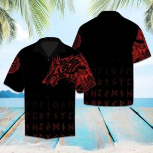 Viking Wolf Black Red Nice Design Hawaiian Shirt  - Thelegend59