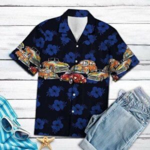 Vinatge Car Dark Blue Tropical Floral Hawaiian Aloha Hawaiian Shirtss  - Thelegend59