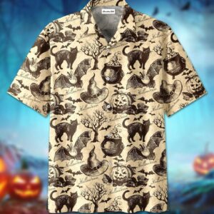 Vintage Halloween Black Cat Hawaiian Aloha Hawaiian Shirtss Pumpkin Witch Hats  - Thelegend59