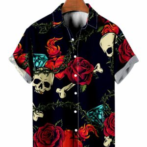Vintage Hawaiian Shirts Black Skull Heart Rose Easy Care Aloha Hawaiian Shirts - For Men And Women - Kids  - Thelegend59