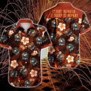 Welder Eat Sleep Weld Repeat Hawaiian Graphic Print Short Sleeve  - Thelegend59